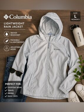 Columbia Women’s L Lightweight Hooded Rain Jacket Light Blue Full Zip Coat